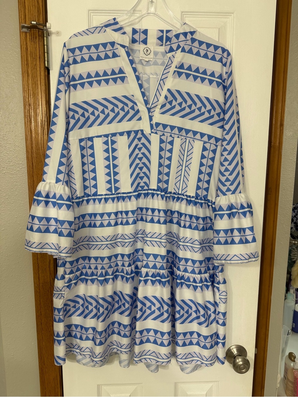 Blue & White Geometric Tiered Women’s Dress LARGE